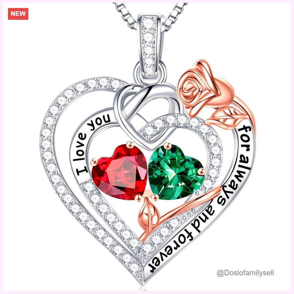 Sterling Silver Double Birthstone Necklace Elegant Heart Pendant Anniversary